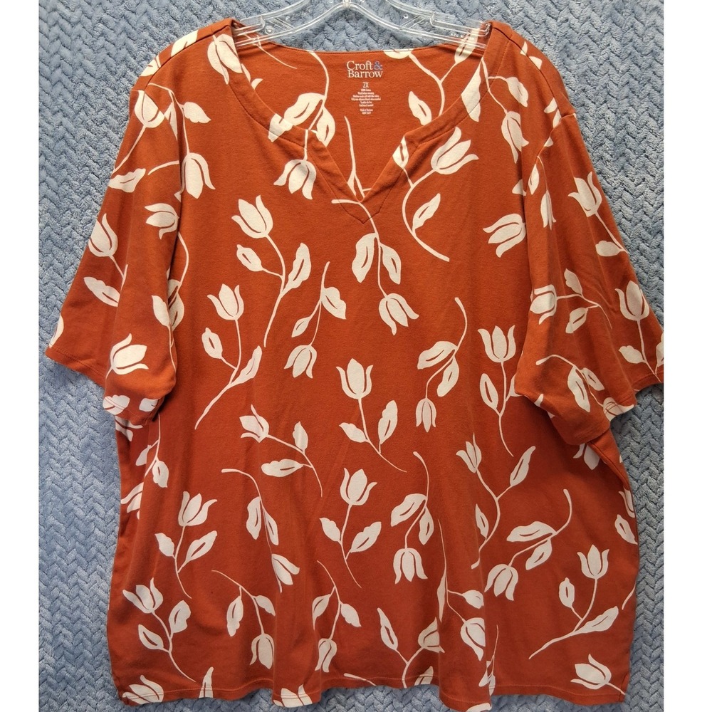 Craft & Barrow Womens 2X Burnt Orange Floral Tulip V-Neck Cotton T-Shirt Top